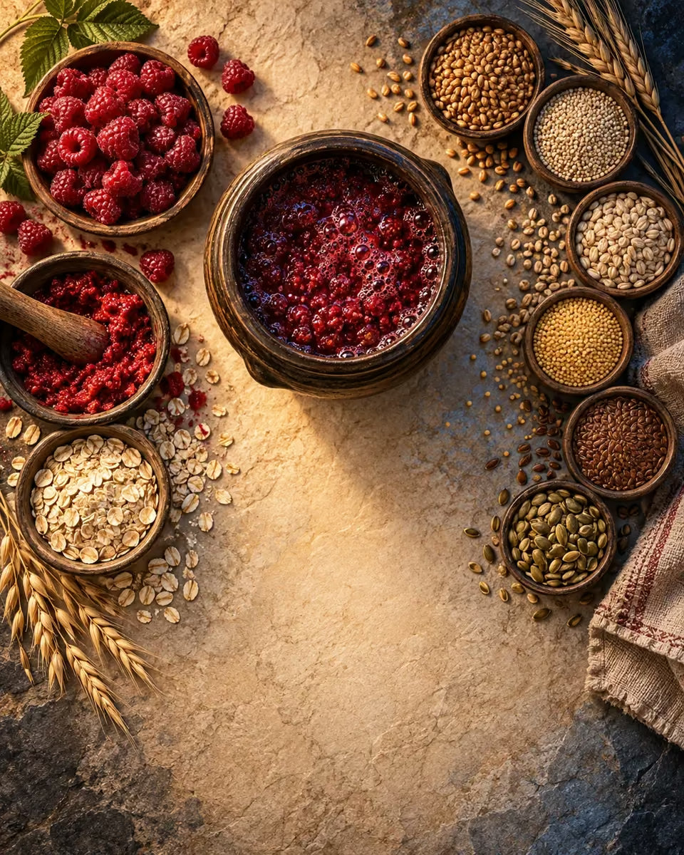 Raspberries, oats and mixed grains arranged around a living berry ferment from above