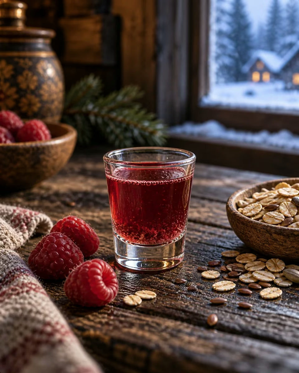 A small 15 ml serving of raspberry ferment beside raspberries, oats and grains