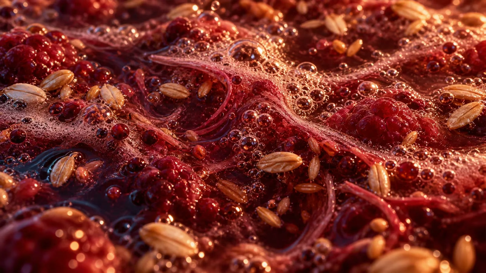 Bubbles, berry fibres and grains visible within an active raspberry ferment