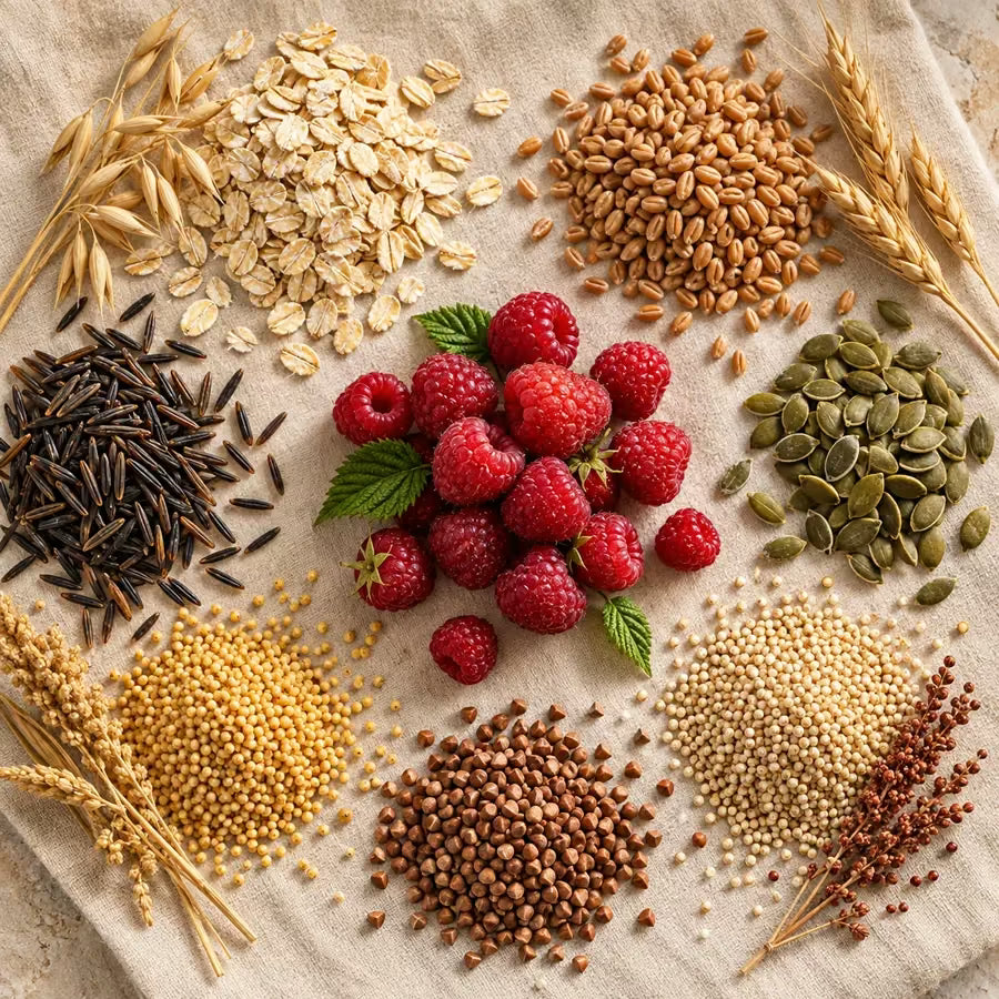 Raspberries, oats and mixed grains, the food substrates used to begin fermentation