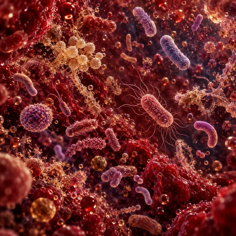 Conceptual microscope view of varied living bacterial cultures in a berry ferment