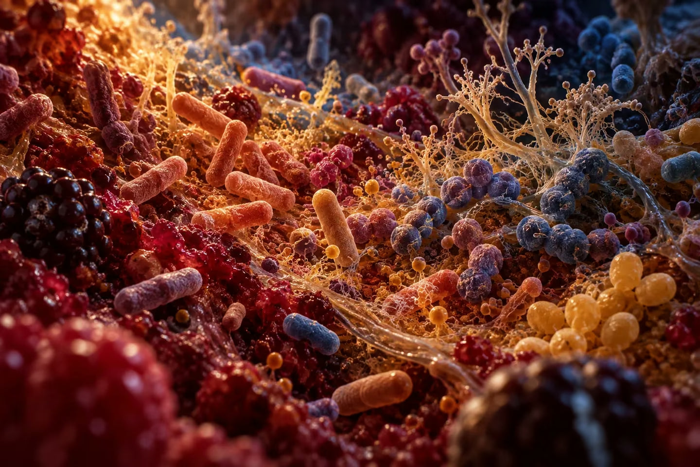 Conceptual ecosystem showing many different microbial forms living together