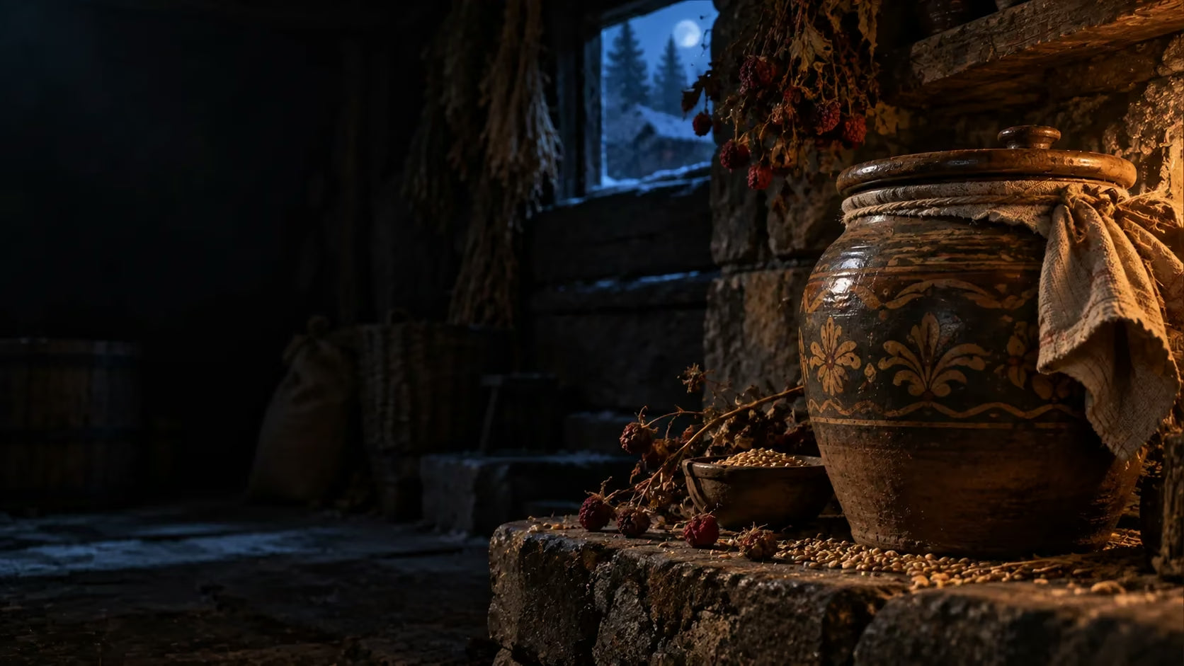A sealed clay fermentation crock in a dark winter pantry