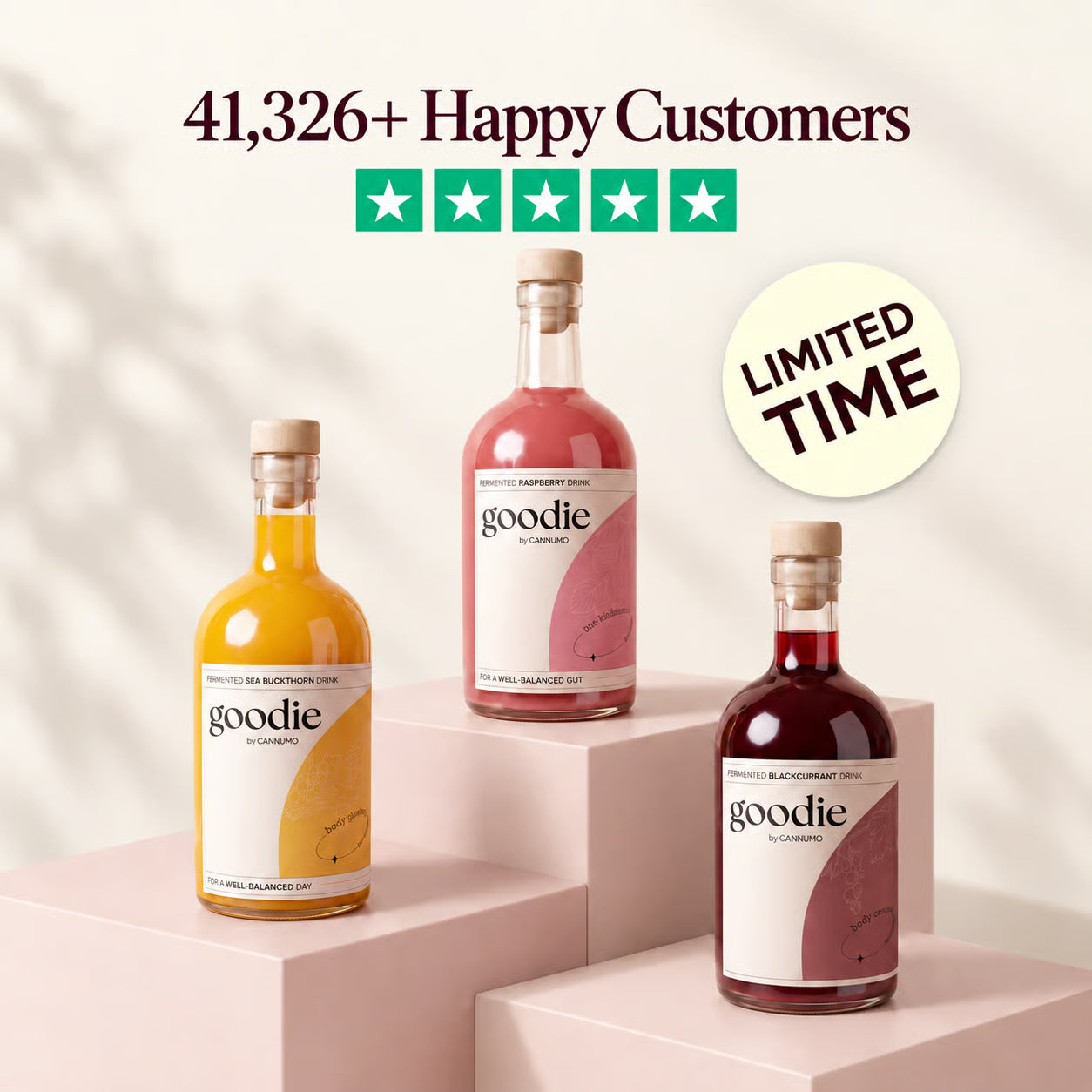 Three Goodie bottles with 41,326+ happy customers and five-star rating