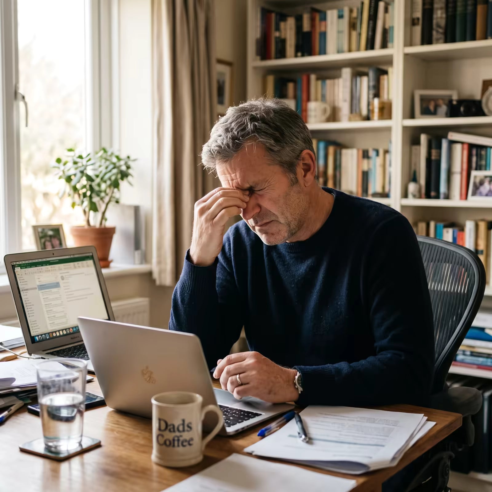 Mature man at a desk with a headache, glass of water nearby