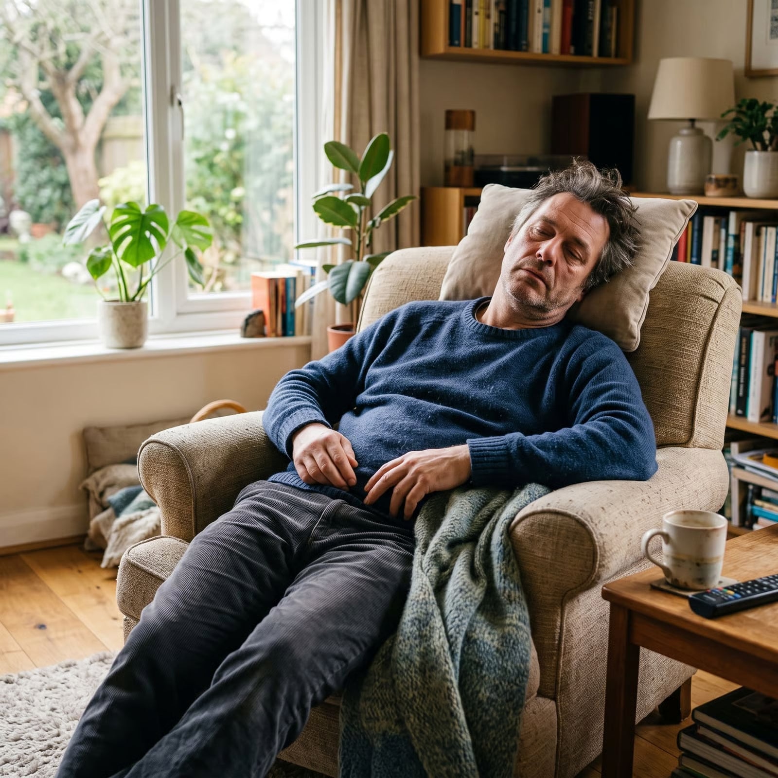 Tired mature man resting at home on a sofa