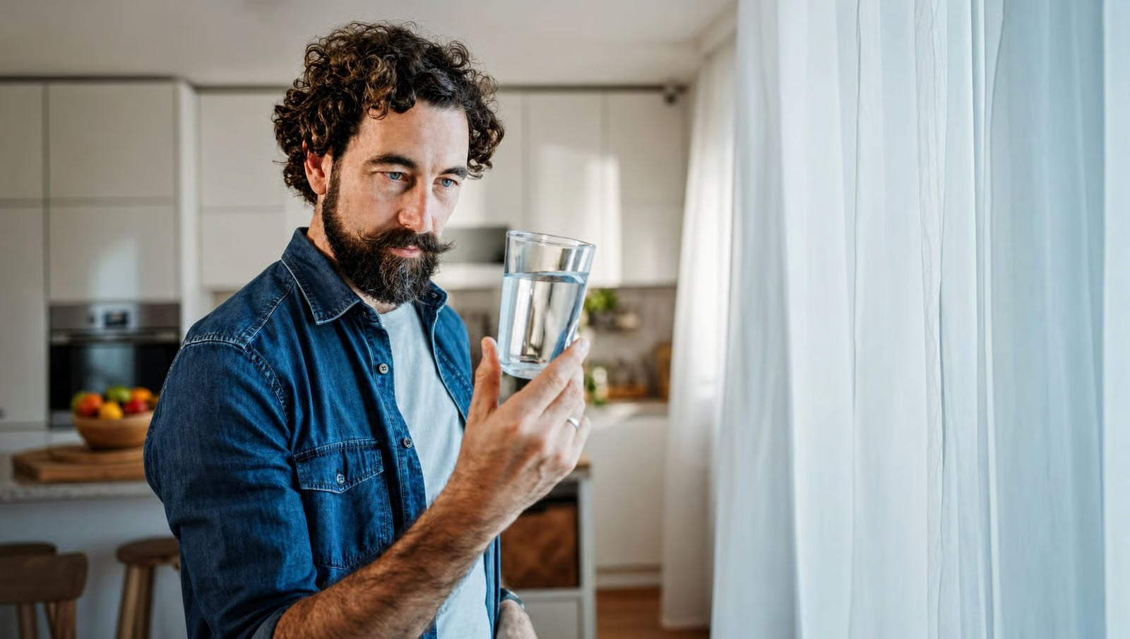 Mature bearded man holding a glass of water, looking out a window in a kitchen