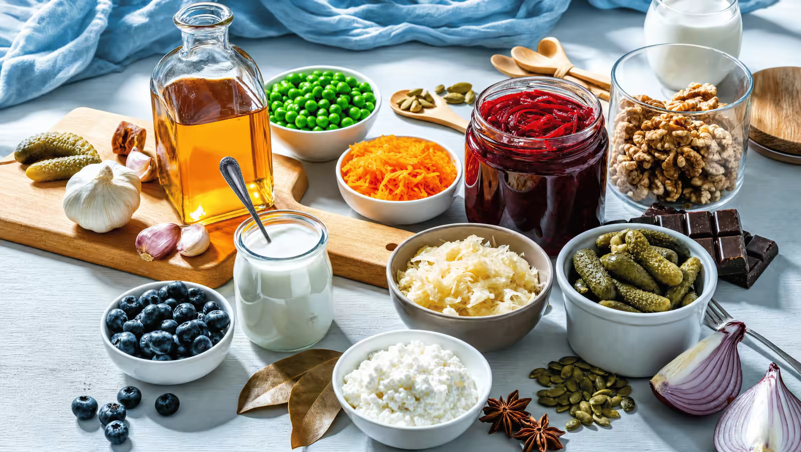 A variety of fermented foods including sauerkraut, pickles, yogurt and fermented vegetables